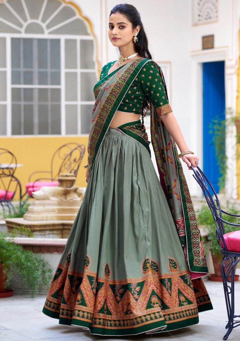 Green Lace Work Silk Lehenga Set - Indya