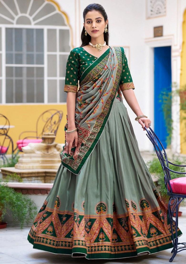 Green Lace Work Silk Lehenga Set - Indya