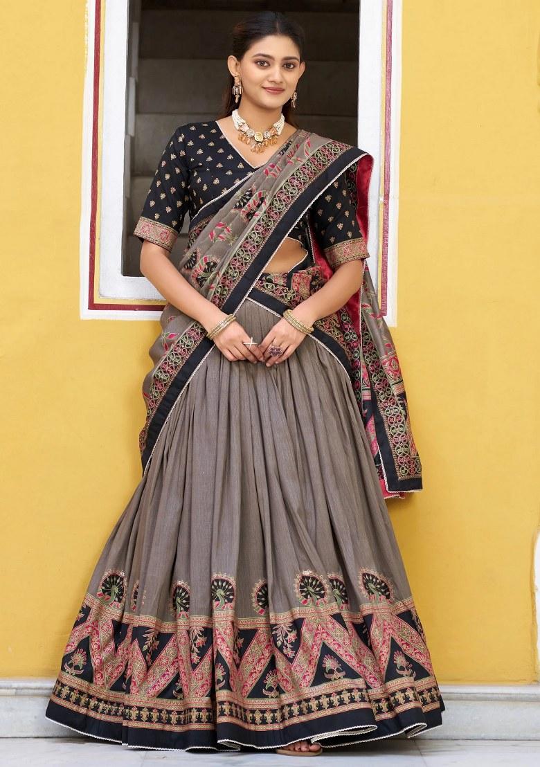 Black Lace Work Silk Lehenga Set - Indya