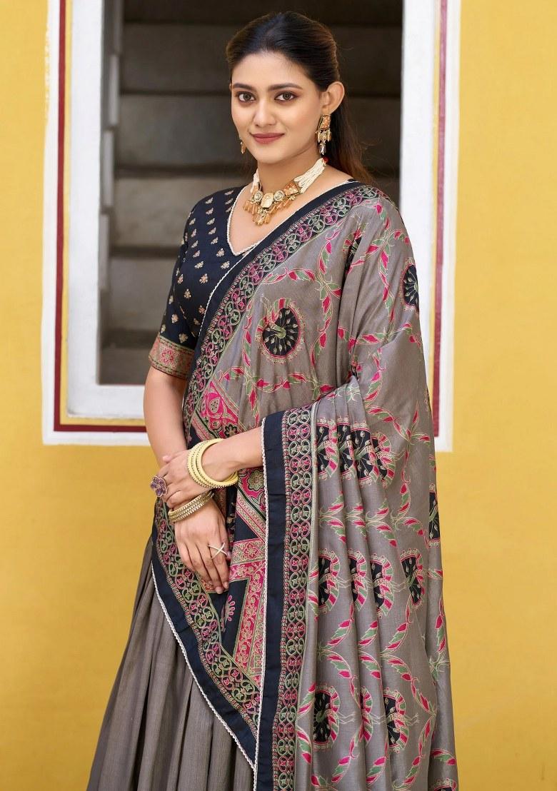 Black Lace Work Silk Lehenga Set - Indya