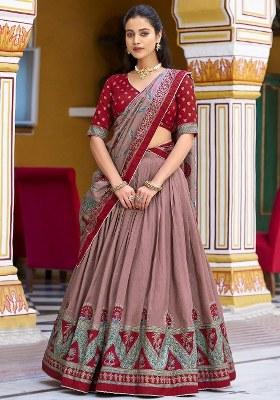 Maroon Lace Work Silk Lehenga Set