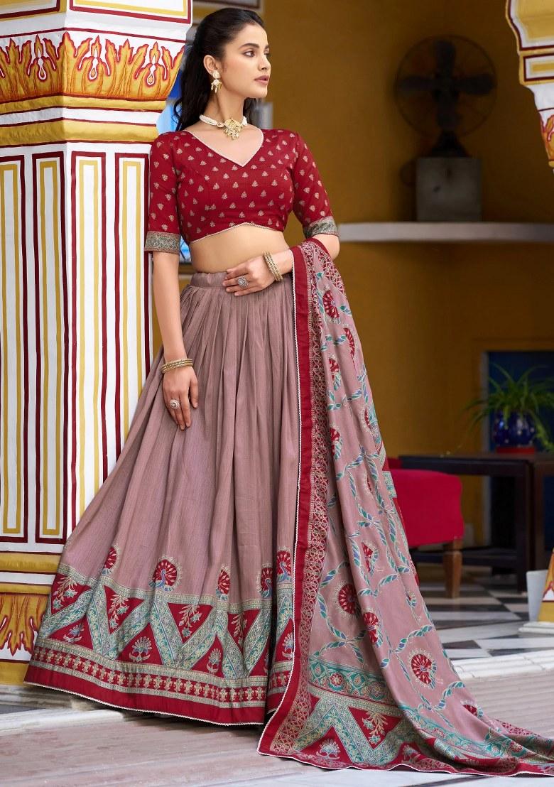 Maroon Lace Work Silk Lehenga Set - Indya