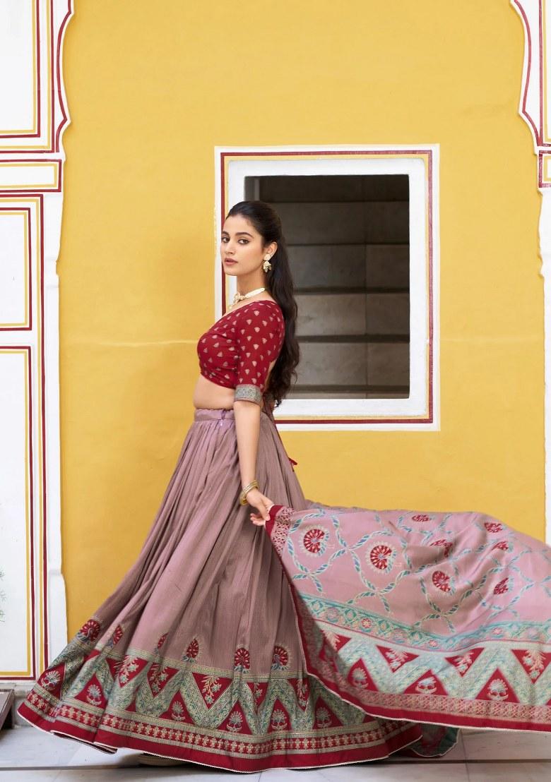 Maroon Lace Work Silk Lehenga Set - Indya
