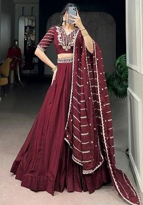 Maroon Embroidered Crushed Lehenga Set
