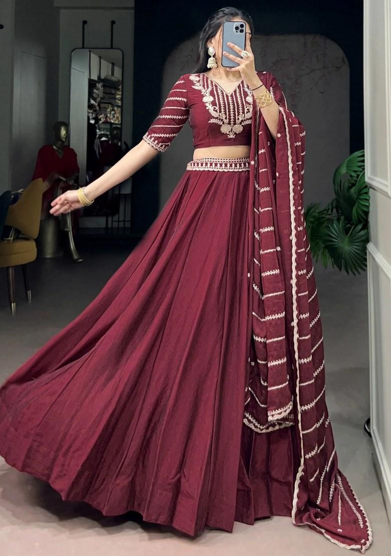 Maroon Embroidered Crushed Lehenga Set - Indya