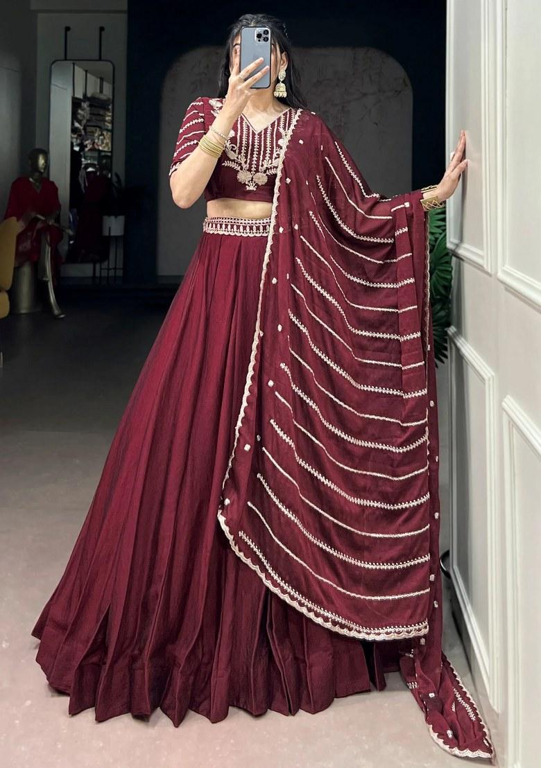 Maroon Embroidered Crushed Lehenga Set - Indya