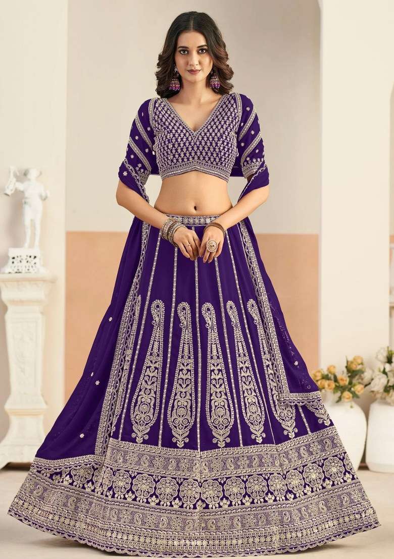 Purple Work Georgette Lehenga Set with Sequin for Diwali | Wedding & Festive Wear - Indya