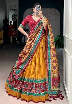Yellow Printed Silk Lehenga Set for Diwali and Festive Wear