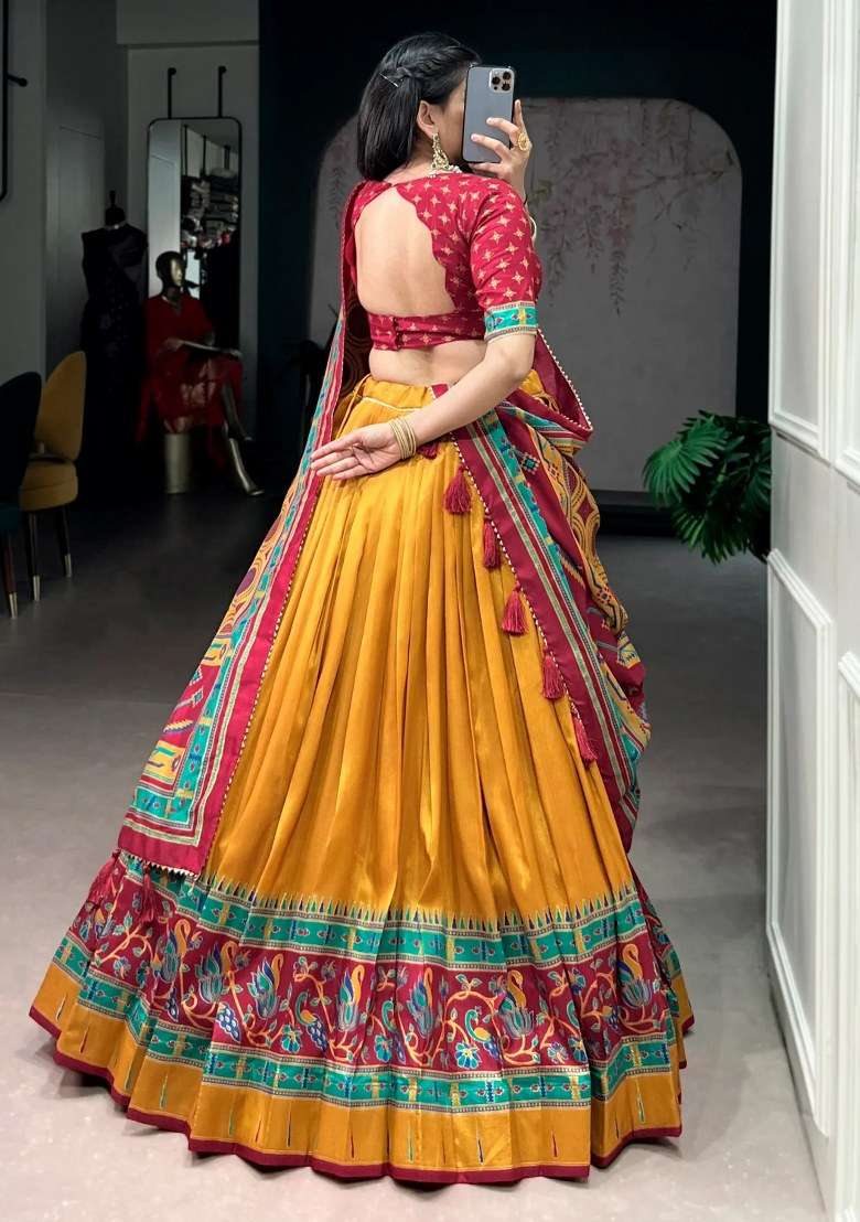 Yellow Printed Silk Lehenga Set for Diwali and Festive Wear - Indya
