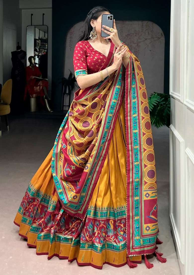Yellow Printed Silk Lehenga Set - Indya