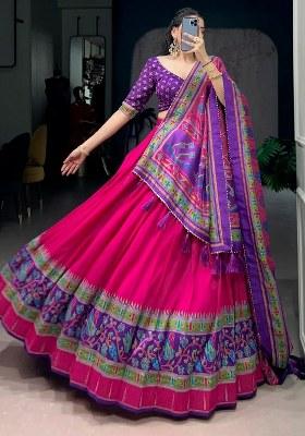 Pink Printed Silk Lehenga Set