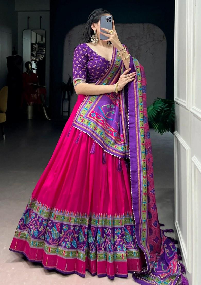 Pink Printed Silk Lehenga Set - Indya