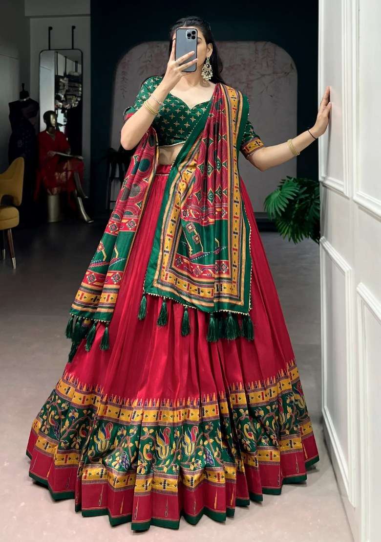 Red Printed Silk Lehenga Set - Indya