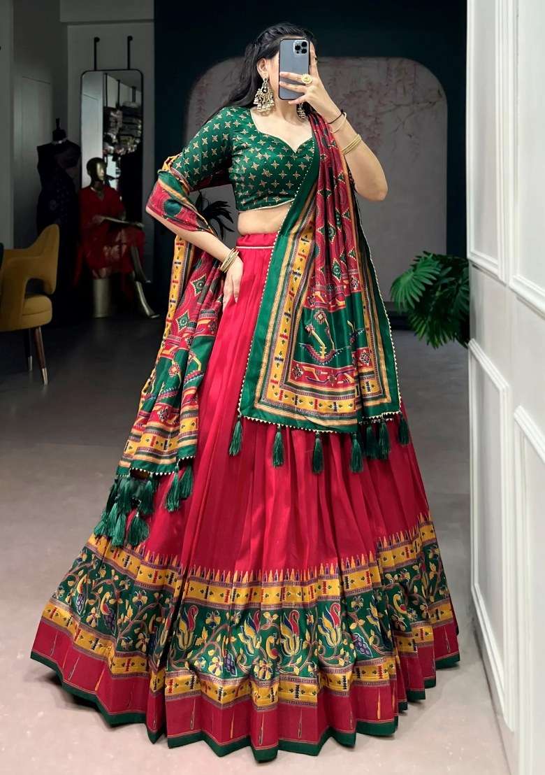 Red Printed Silk Lehenga Set - Indya