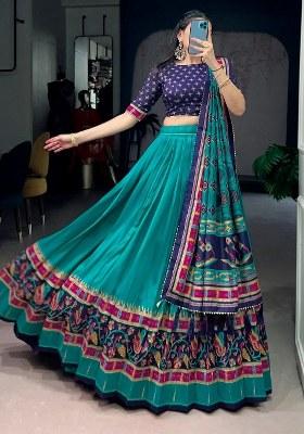 Green Printed Silk Lehenga Set