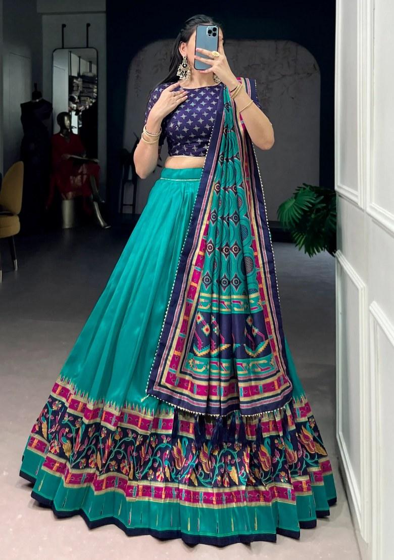 Green Printed Silk Lehenga Set - Indya