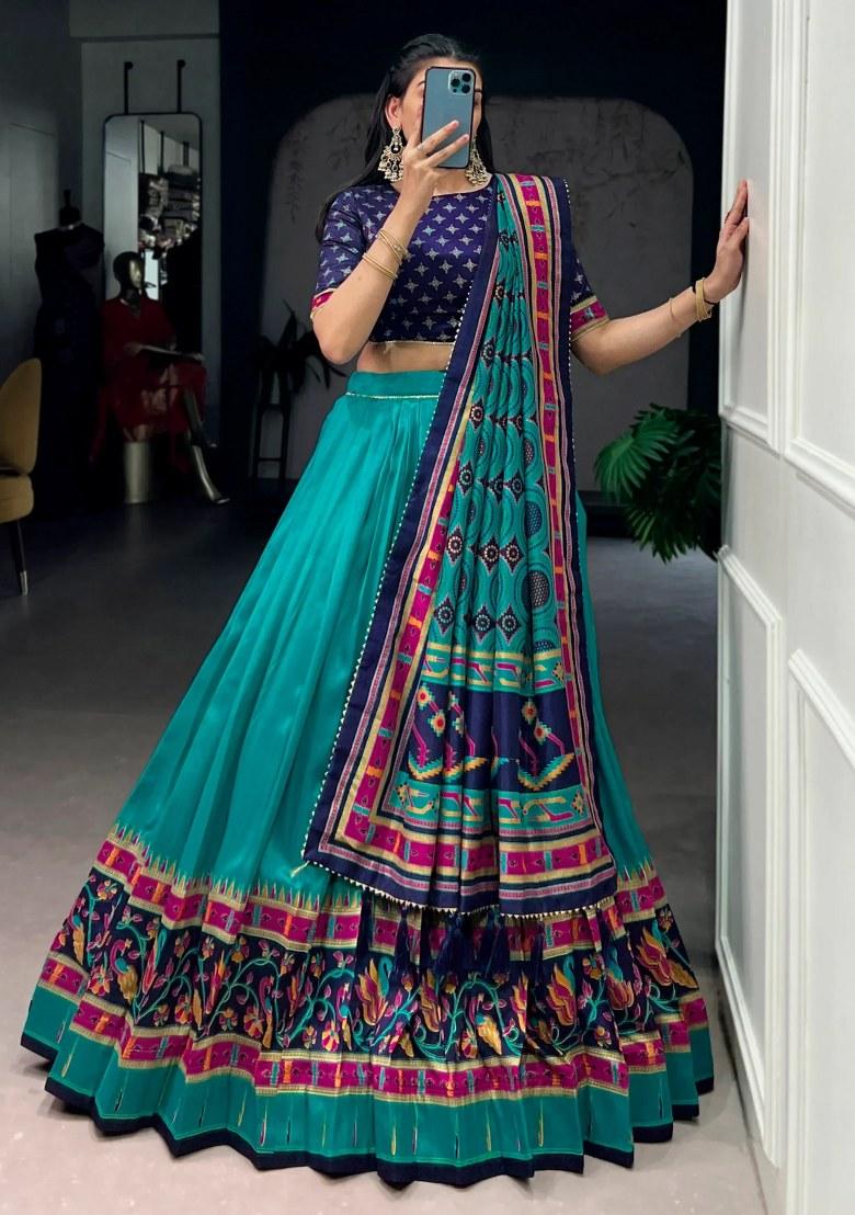 Green Printed Silk Lehenga Set - Indya