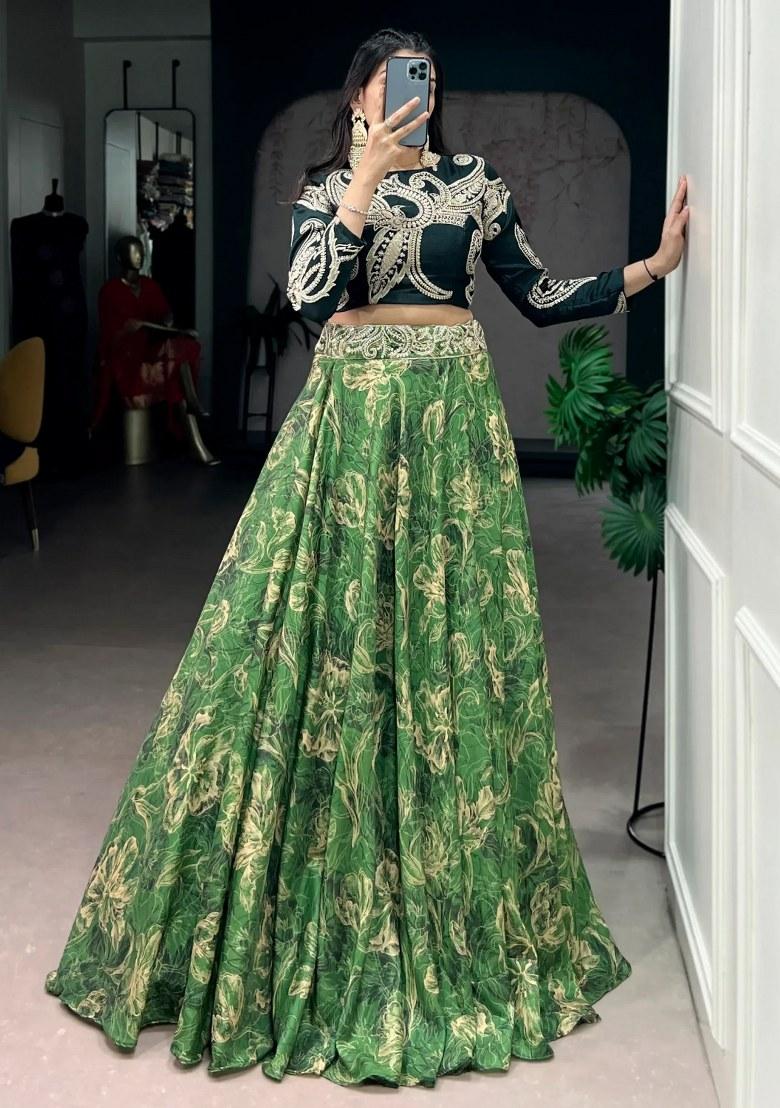 Green Embroidered Silk Lehenga Set - Indya