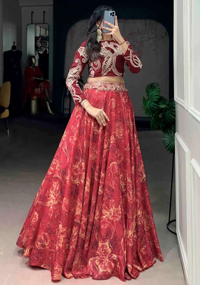 Red Embroidered Silk Lehenga Set - Indya