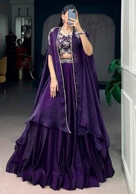 Purple Beads Work Silk Lehenga Set