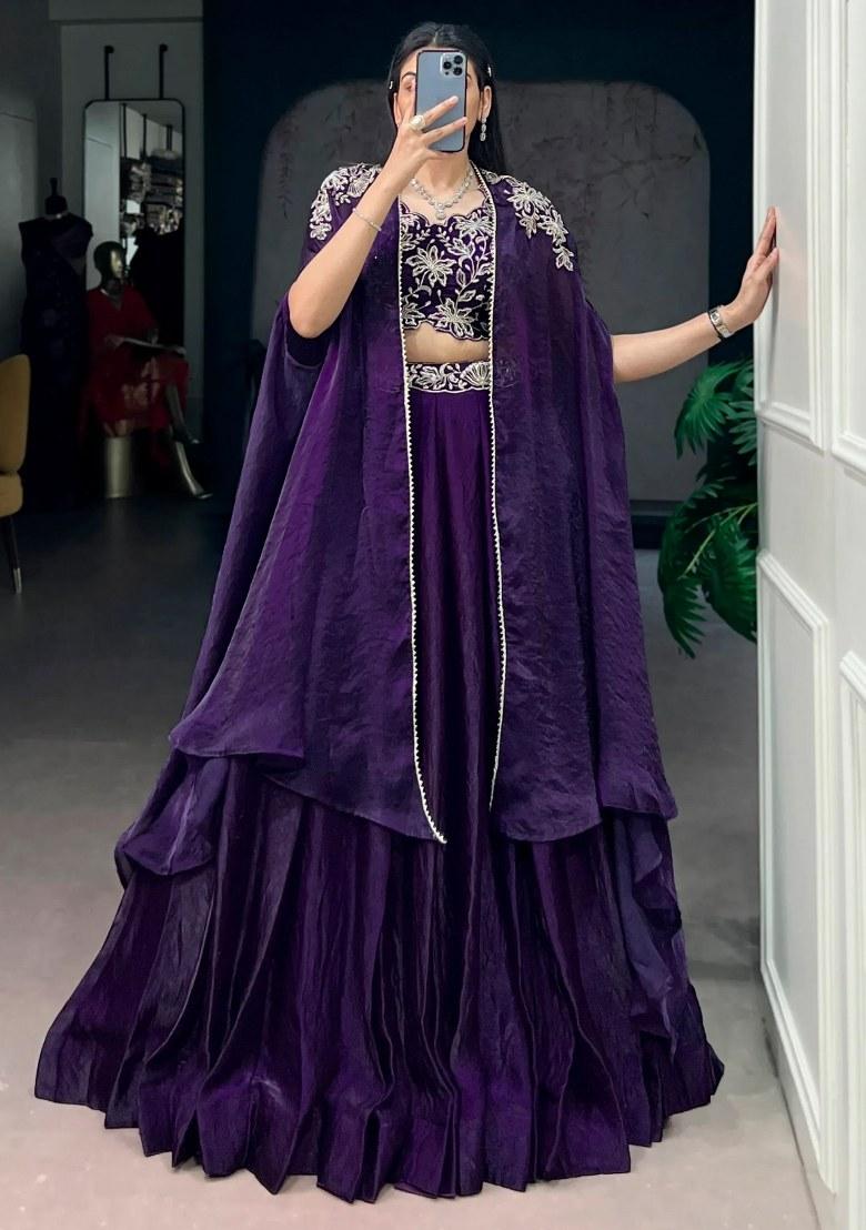Purple Beads Work Silk Lehenga Set - Indya
