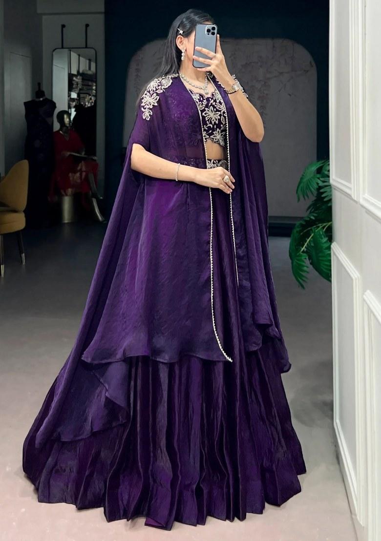Purple Beads Work Silk Lehenga Set - Indya