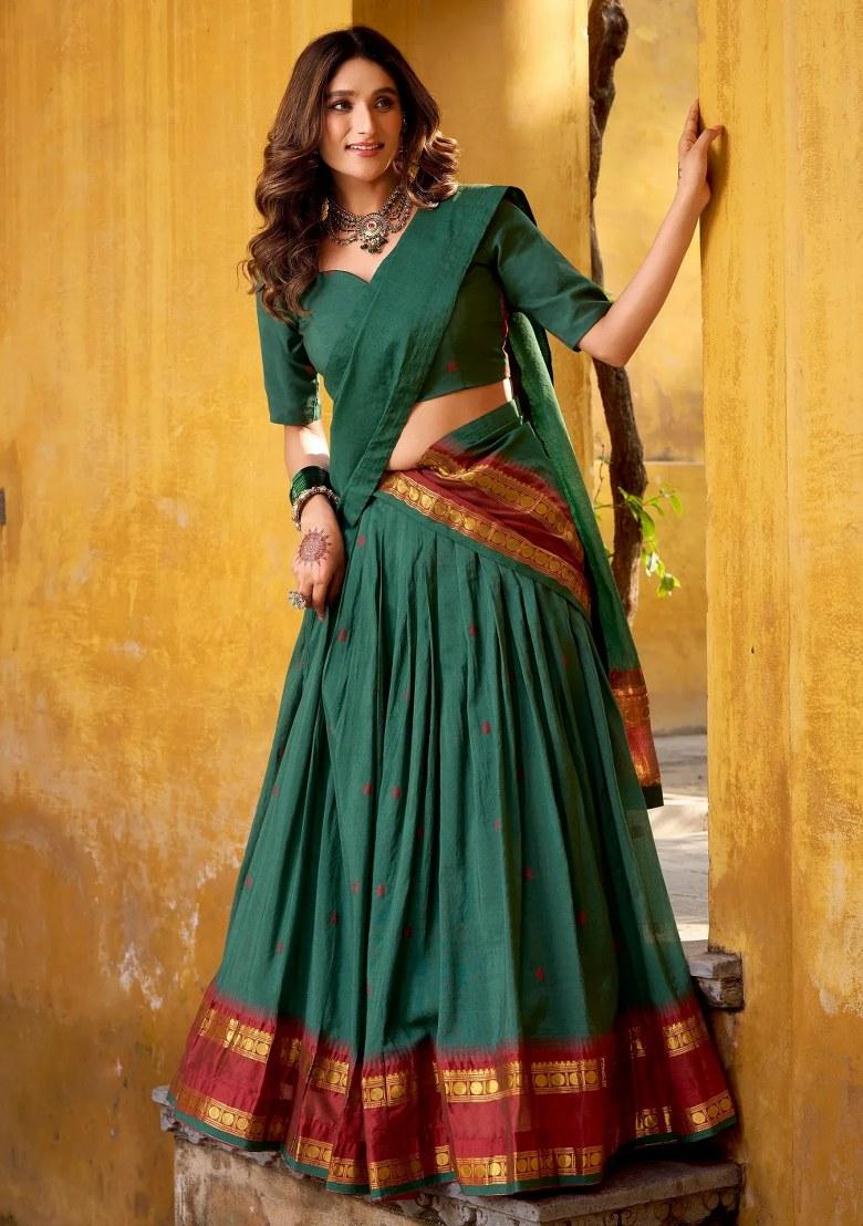 Green Zari Work Silk Lehenga Set - Indya