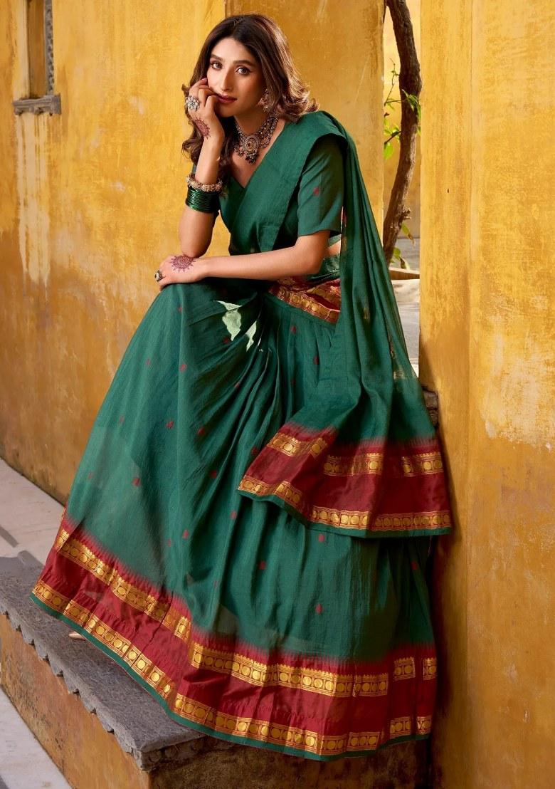 Green Zari Work Silk Lehenga Set - Indya