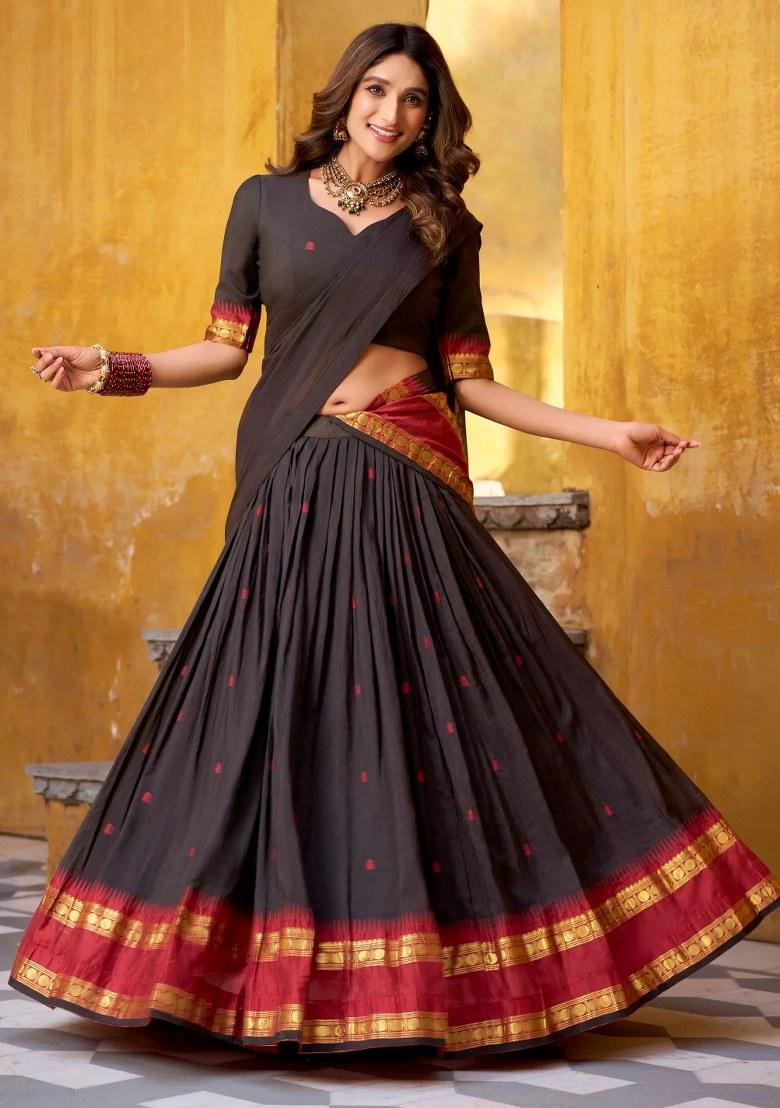 Black Zari Work Silk Lehenga Set - Indya