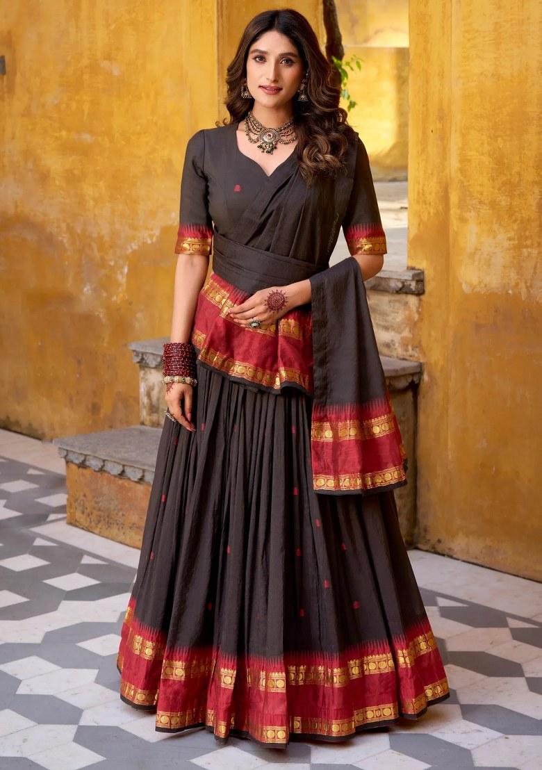 Black Zari Work Silk Lehenga Set - Indya