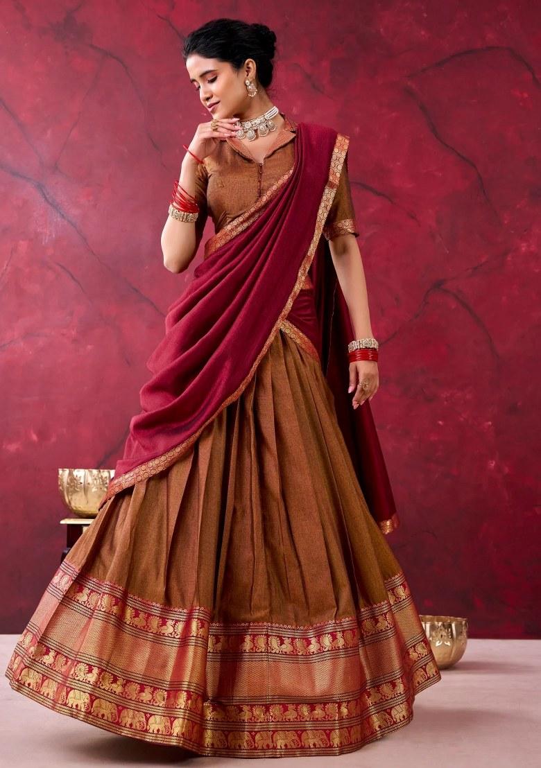Brown Zari Work Cotton Lehenga Set - Indya
