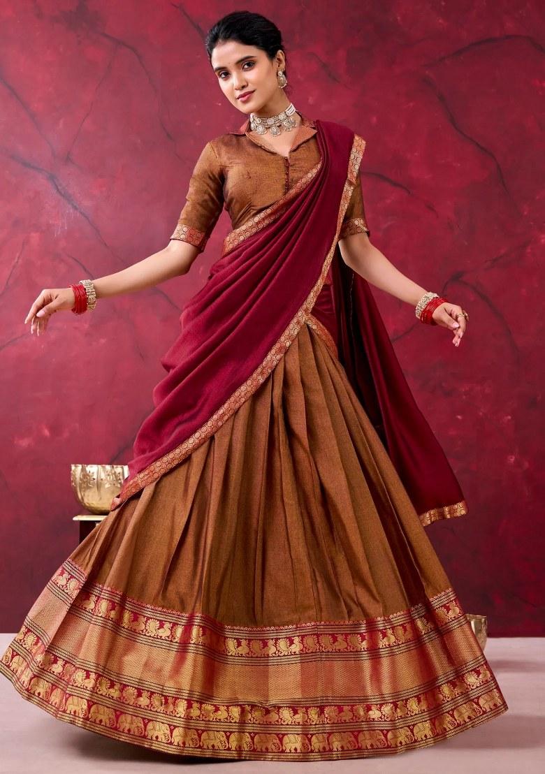 Brown Zari Work Cotton Lehenga Set - Indya