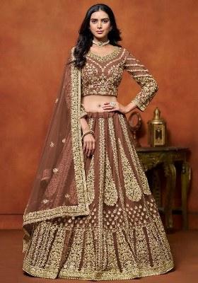 Brown Zari Work Net Lehenga Set