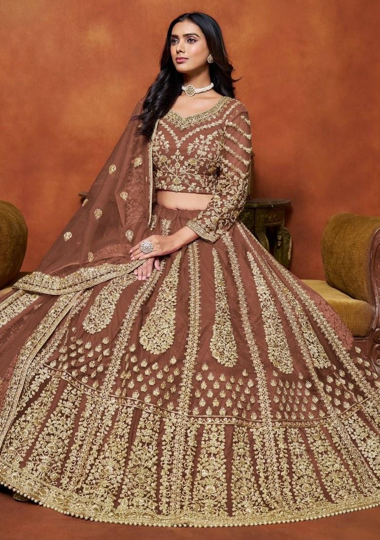 Brown Zari Work Net Lehenga Set - Indya