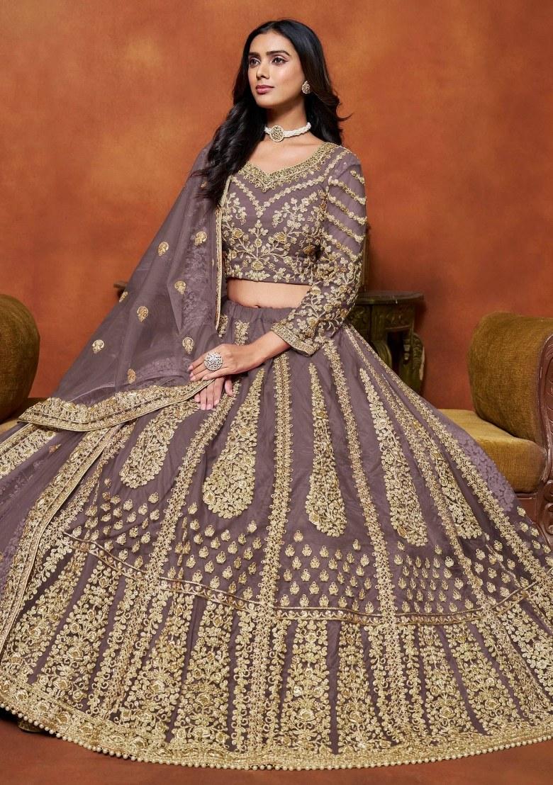 Lavender Zari Work Net Lehenga Set - Indya
