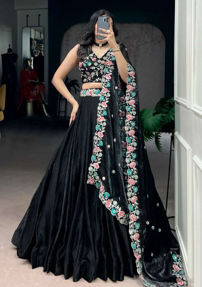 Black Embroidered Silk Lehenga Set for Diwali and Festive Wear - Indya