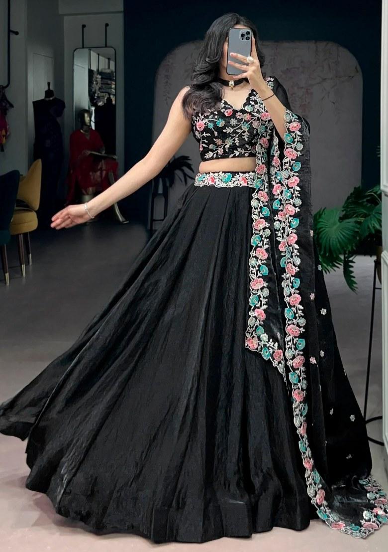Black Embroidered Silk Lehenga Set - Indya
