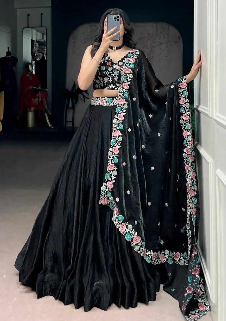 Black Embroidered Silk Lehenga Set - Indya