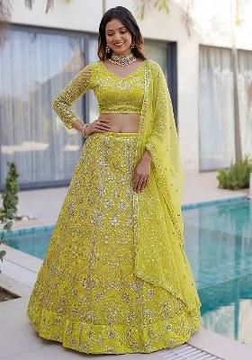 Yellow Sequin Work Net Lehenga Set