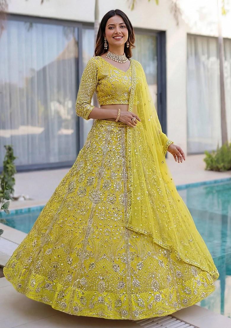 Yellow Sequin Work Net Lehenga Set - Indya