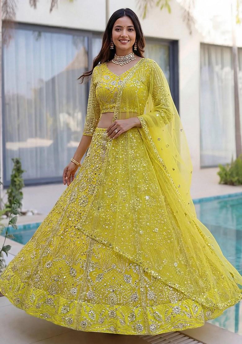 Yellow Sequin Work Net Lehenga Set - Indya