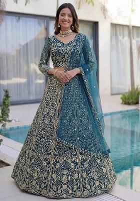Blue Sequin Work Net Lehenga Set