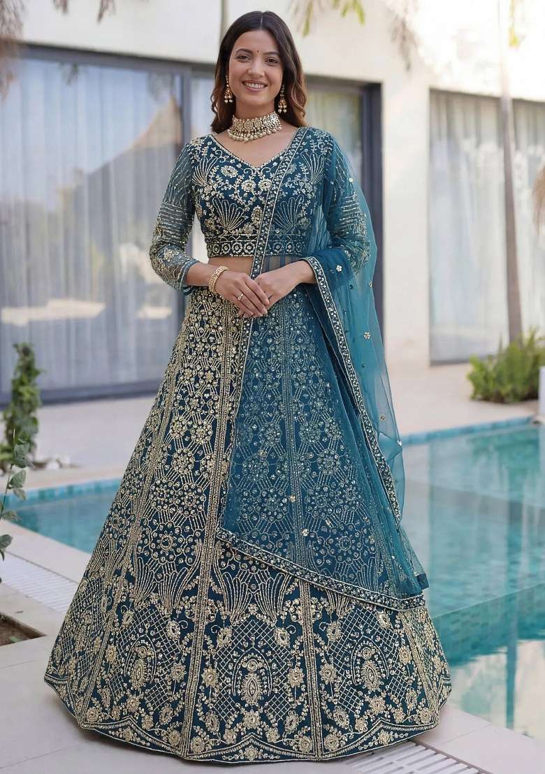Blue Work Net Lehenga Set with Sequin for Diwali | Wedding & Festive Wear - Indya