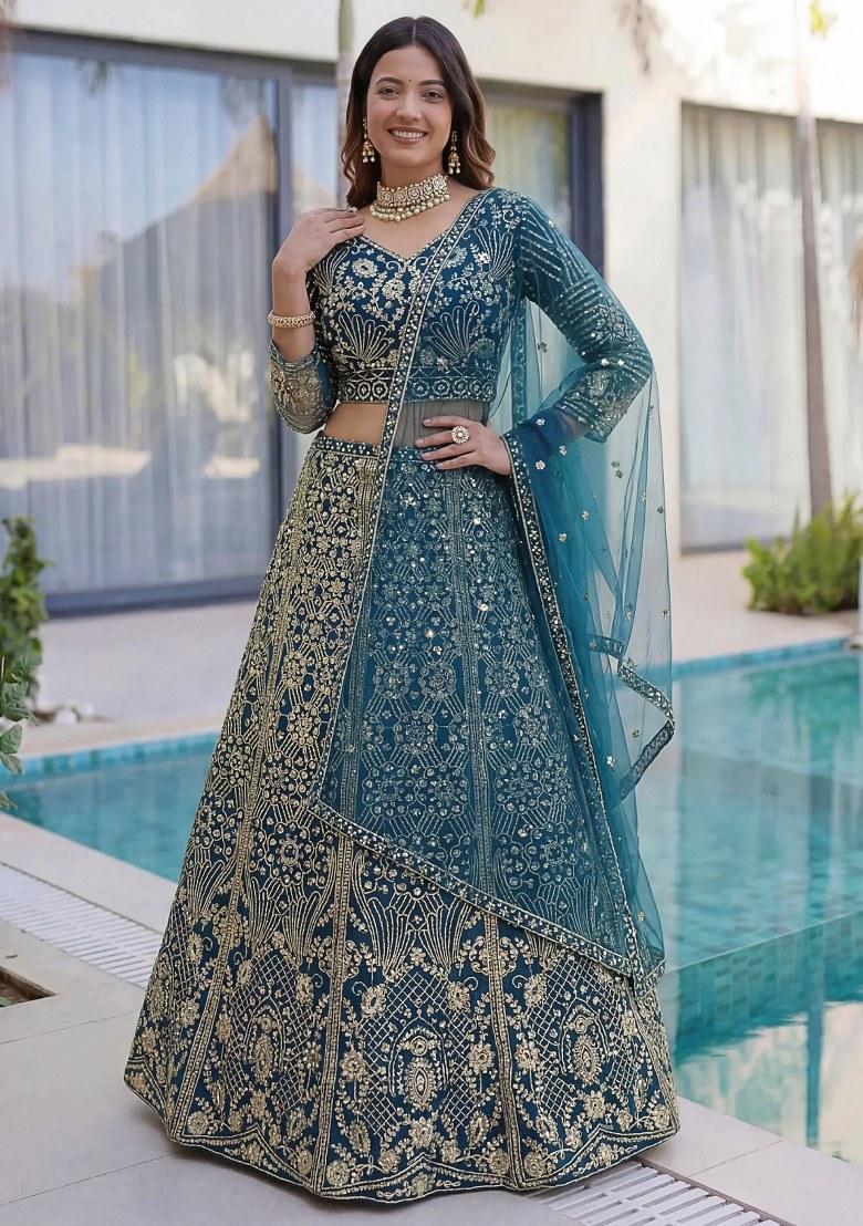 Blue Sequin Work Net Lehenga Set - Indya