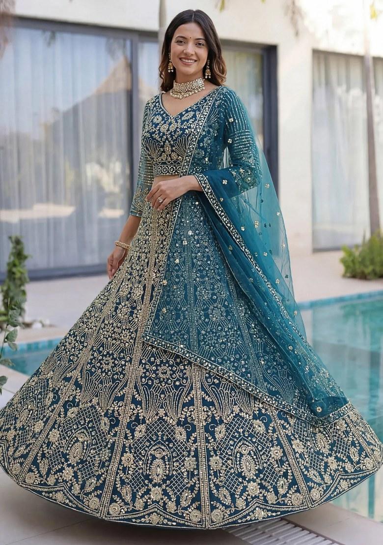 Blue Sequin Work Net Lehenga Set - Indya