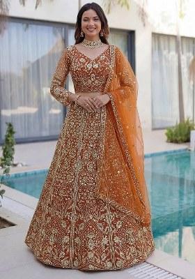 Orange Sequin Work Net Lehenga Set