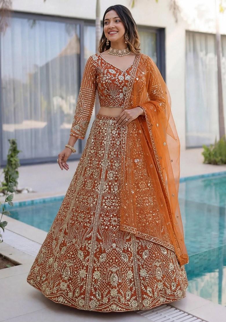 Orange Sequin Work Net Lehenga Set - Indya