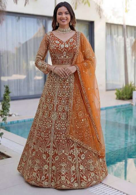Orange Sequin Work Net Lehenga Set for Diwali and Festive Wear