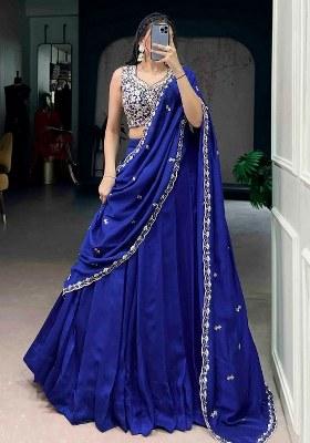 Blue Beads Work Silk Lehenga Set