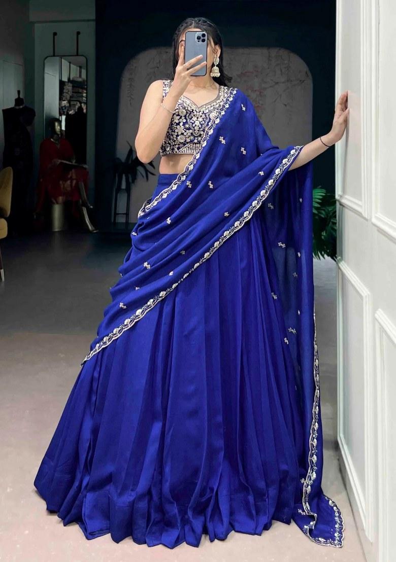 Blue Beads Work Silk Lehenga Set - Indya